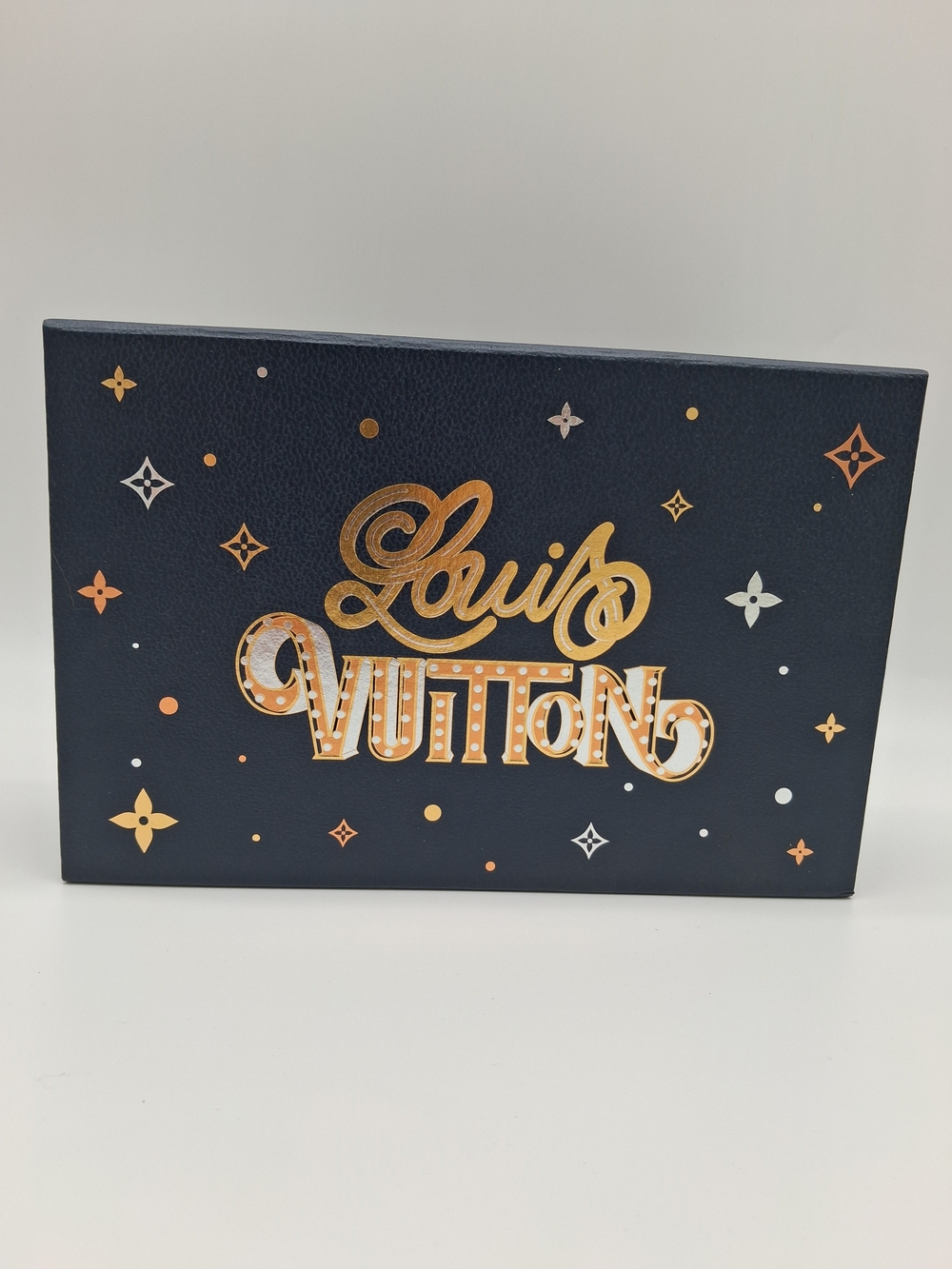 LOUIS VUITTON Holiday Gift Box Navy Metallic Logo Monogram Tissue Like New